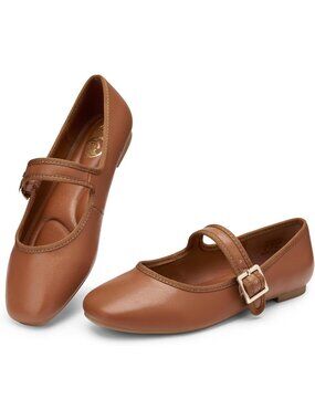 〽️Women's Mary Jane Flats Brown Casual Dressy Square Toe Adjustable Buckle Strap
